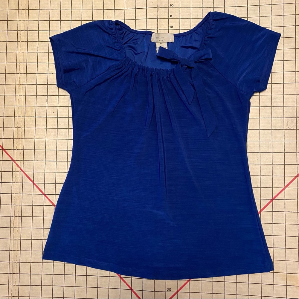 Diana Bell Blue Women's Top with bow accent at gathered neck, size petite small
